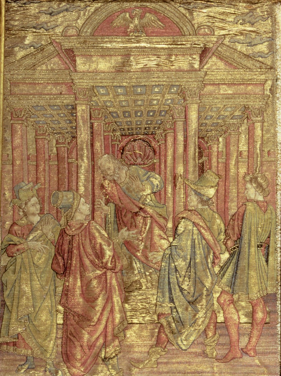 Zacharias Deixando o templo, tapeçaria representando cenas da vida de São João Batista (têxtil) de Antonio Pollaiuolo