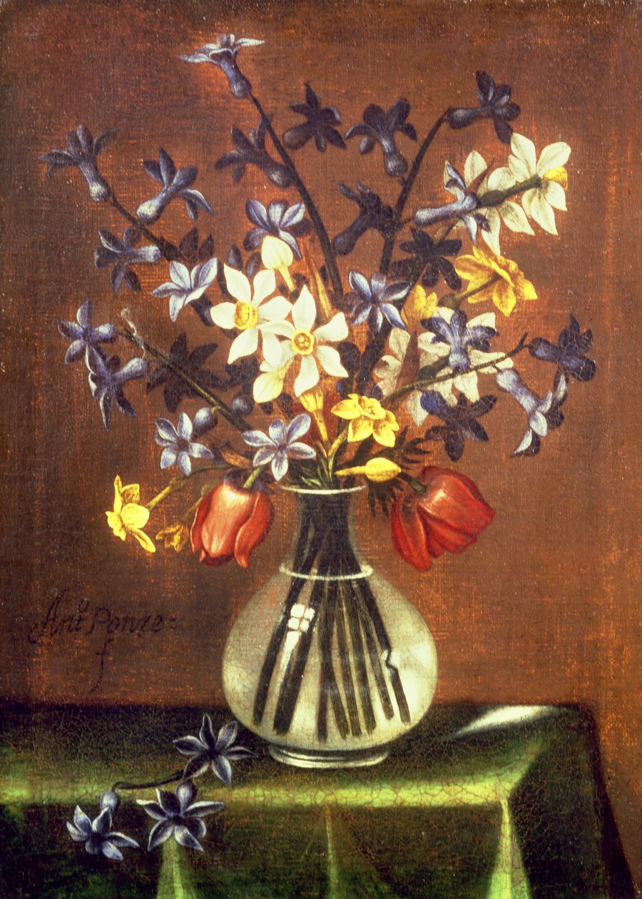 Ainda vida de flores, incluindo jacinto, tulipas e olhos de faisão (óleo) de Antonio Ponce