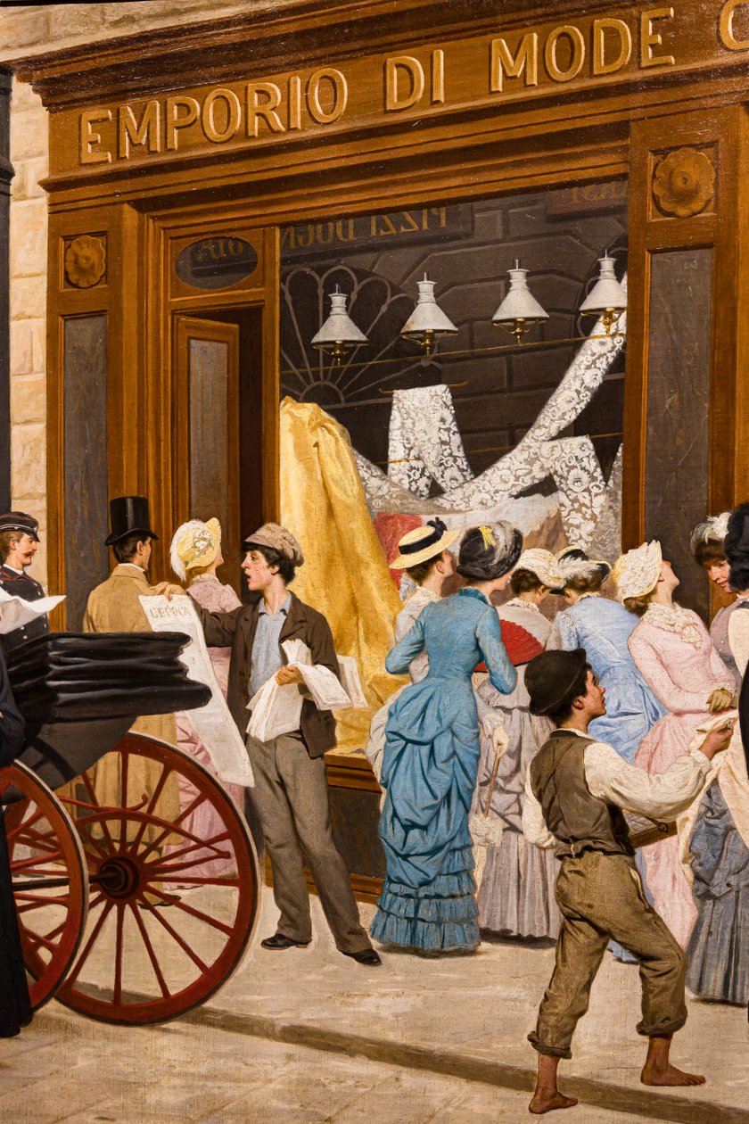 The Epoch, detalhe de mulheres olhando para uma vitrine, um pregoeiro e um menino de Antonio Puccinelli