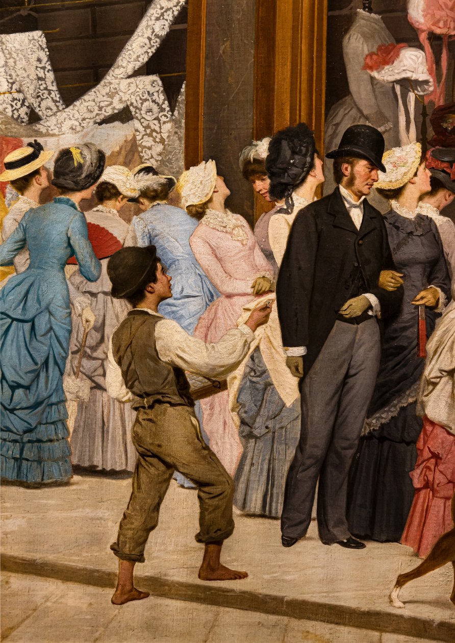 The Epoch, detalhe de mulheres olhando para uma vitrine e um menino de Antonio Puccinelli