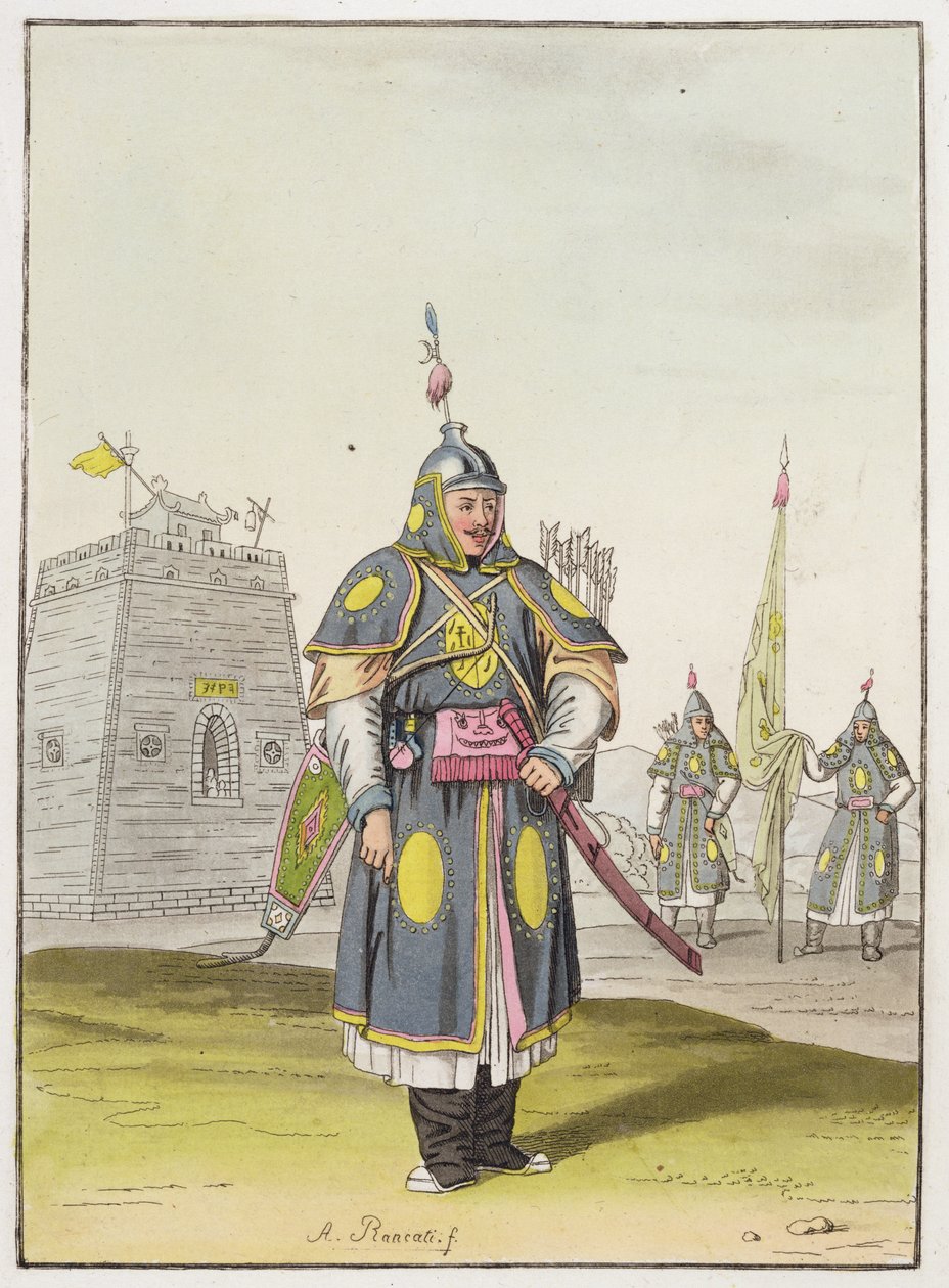 Soldado chinês vestido de batalha completo, ilustração de &39;Le Costume Ancien et Moderne&39; por Giulio Ferrario, publicado c.1820s-30s de Antonio Rancati