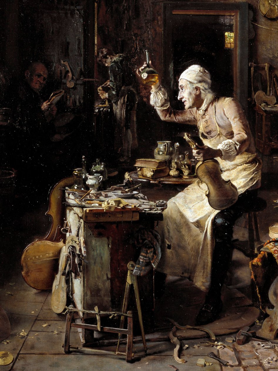 Detalhe de: "O luthier italiano Stradivarius (Antonio Stradivari) (1644-1737) na sua oficina" Pintura de Antonio Rinaldi (século XIX) 1886 Cremone, Museo Civico de Antonio Rinaldi