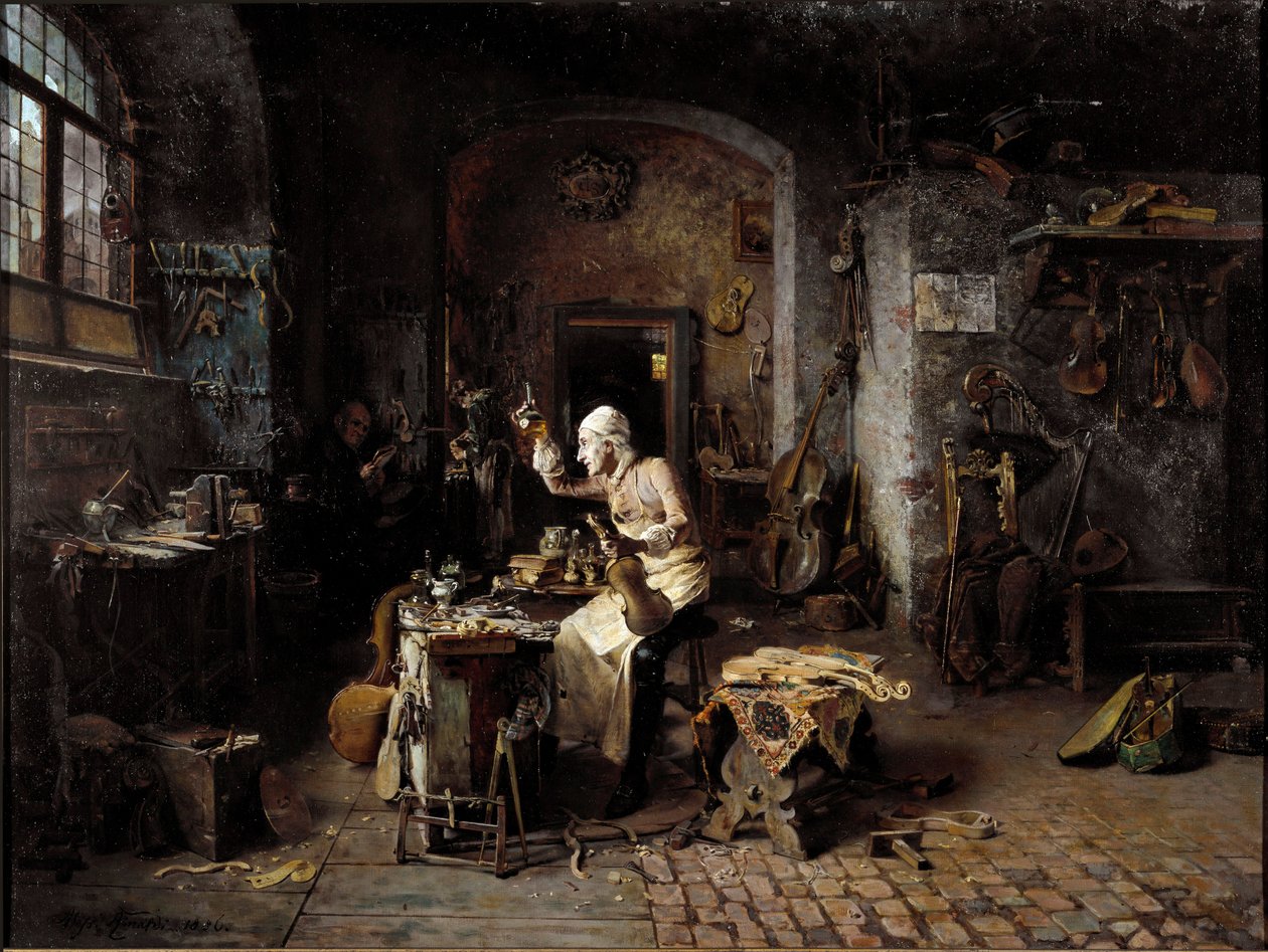 O luthier italiano Antonio Stradivari (Stradivarius) (1644-1737) na sua oficina de Antonio Rinaldi