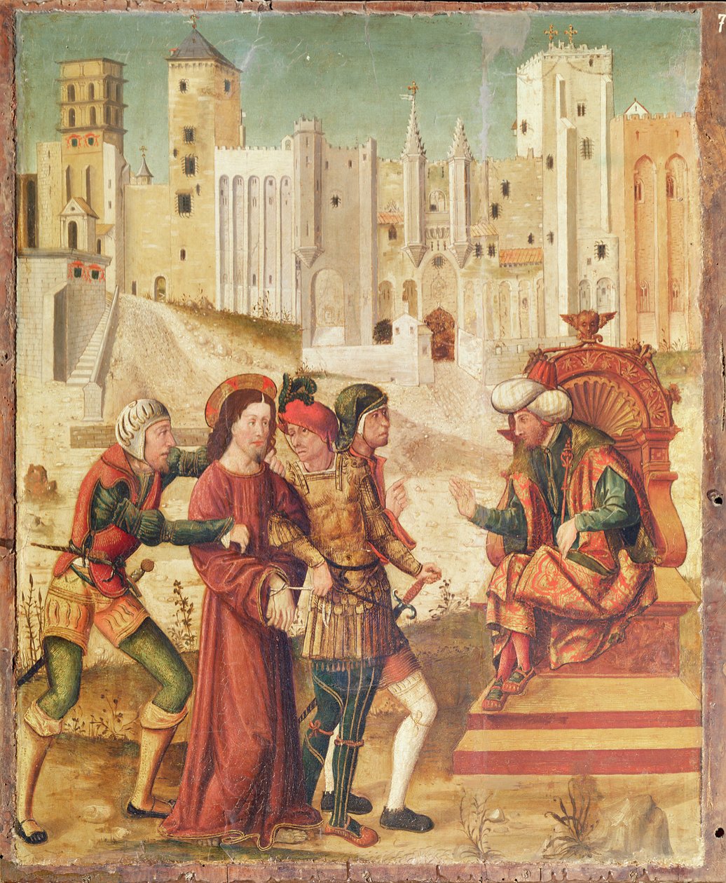 Cristo diante de Herodes, painel esquerdo do Retábulo da Paixão, 1517-20 (têmpera no painel) de Antonio Ronzen