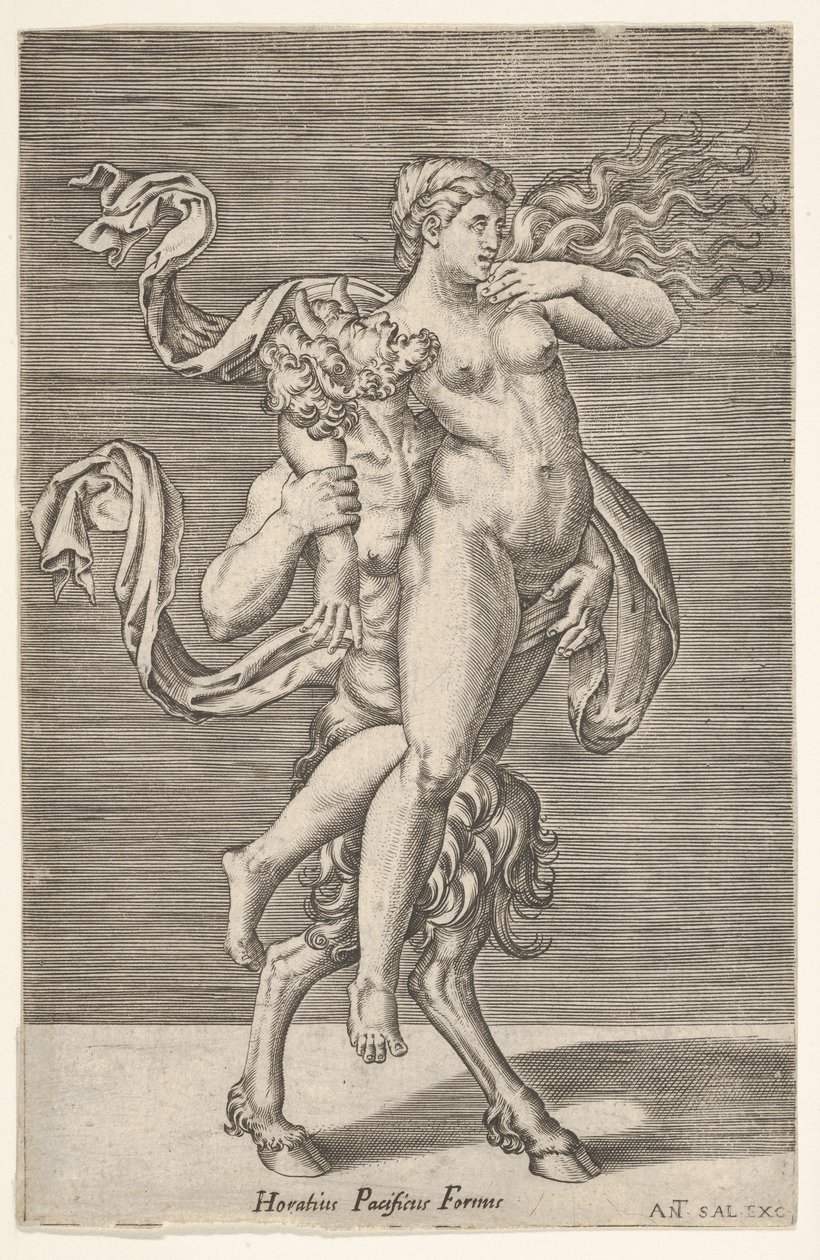 Sátiro carregando uma ninfa, cujo braço direito está enrolado no pescoço do sátiro, com um ..., ca. 1505-62. de Antonio Salamanca