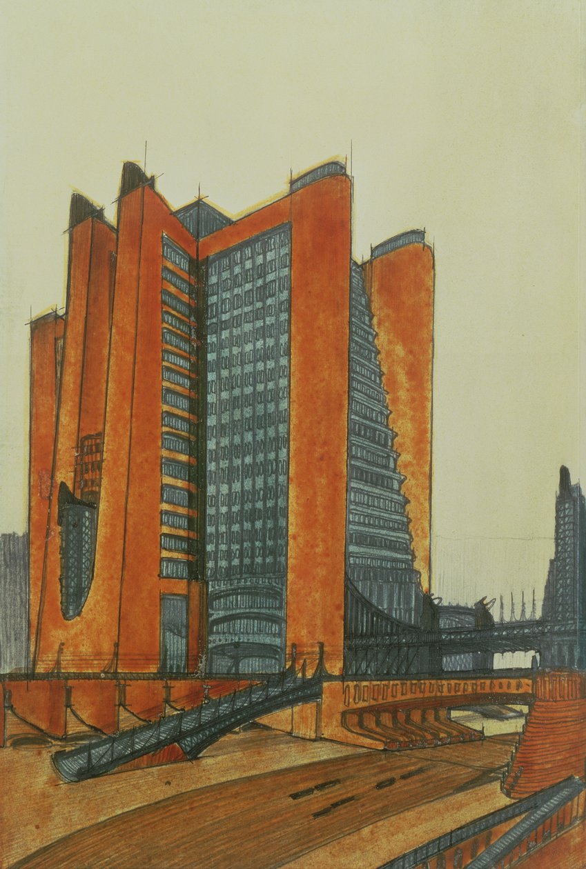 The New City, 1913 (tinta, lápis e wc no papel) de Antonio SantElia