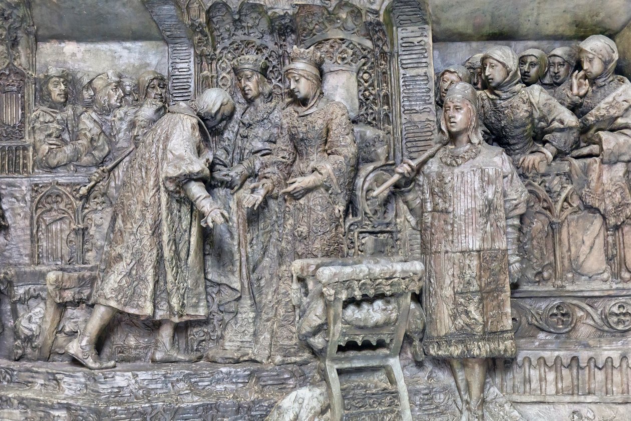 Colombo e os Reis Católicos, detalhe da Apresentação de Colombo aos Reis Católicos no Salon del Tinell em Barcelona (bronze) de Antonio Susillo Fernandez