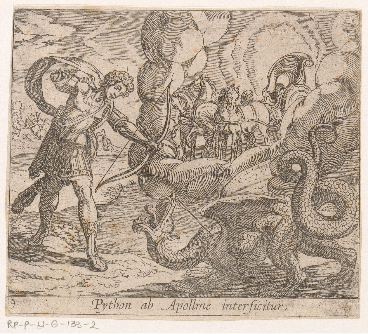 Apollo doodt Python
Python ab Apolline interficitur (título sobre o objecto)
Metamorfoseon sive transformationum (título da série)
Metamorfosen van Ovidius (título da série) de Antonio Tempesta