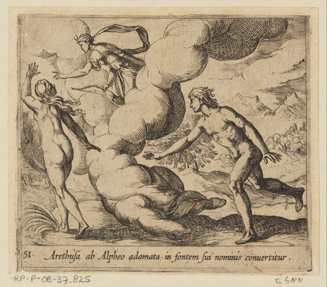 Arethusa é perseguida por Alpheus
Arethusa ab Alpheo adamata in fontem sui nominis convertitur (título sobre o objecto)
Metamorfoseon sive transformationum (título da série)
Metamorfoses de Ovid (título da série) de Antonio Tempesta