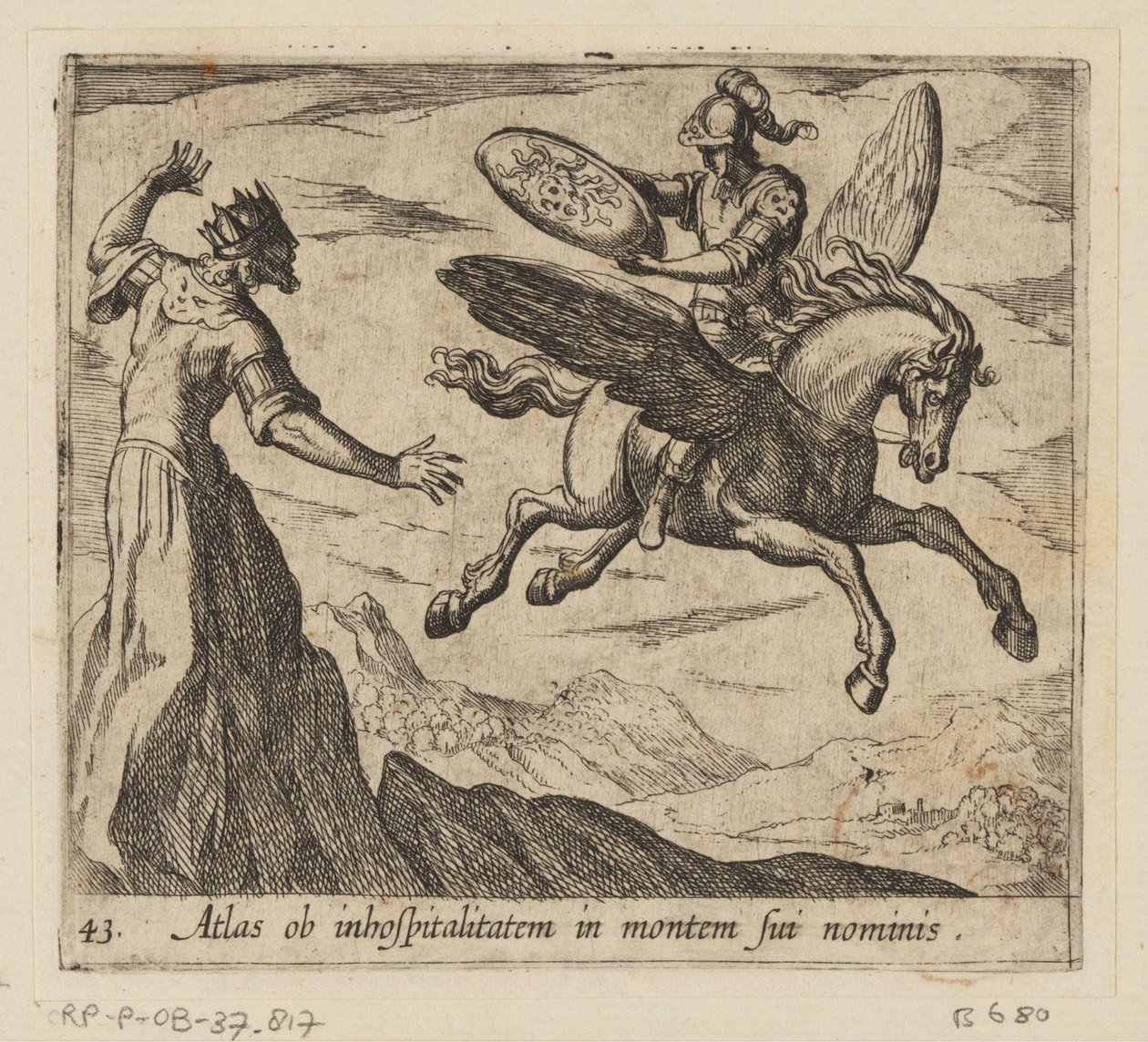 Atlas se transformou em uma montanha Atlas por falta de hospitalidade na montanha de seu nome (título no objeto) Metamorfoseon ou transformações (título da série) Metamorfosen van Ovidius (título da série) de Antonio Tempesta