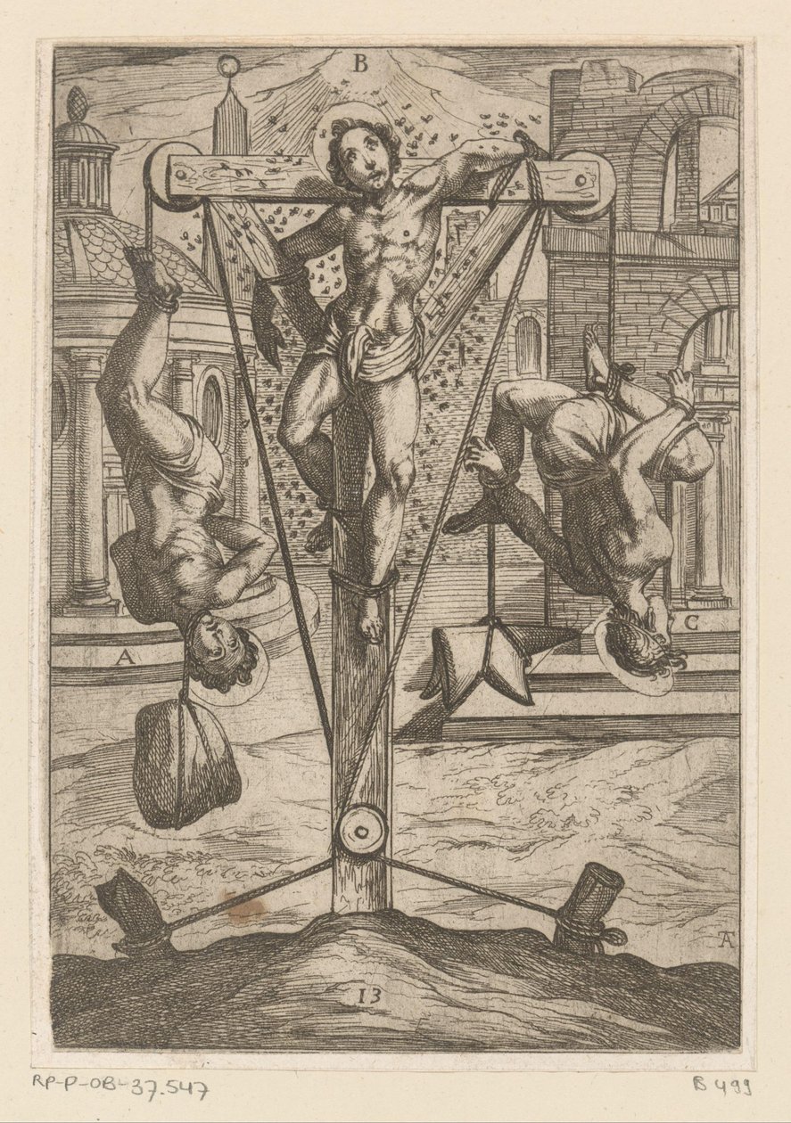 Exposição a insetos e enforcamentos Torturas sofridas por mártires cristãos (título da série) Varia tormentorum et supplicioru rawlium (...) (título da série) de Antonio Tempesta