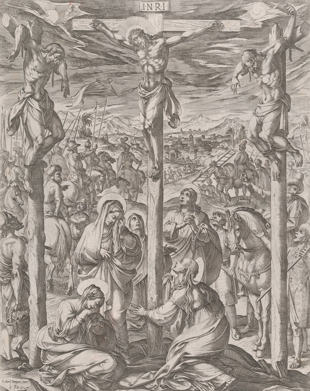 Cristo crucificado entre os dois ladrões, as três Marias ao pé da cruz, 1612. de Antonio Tempesta