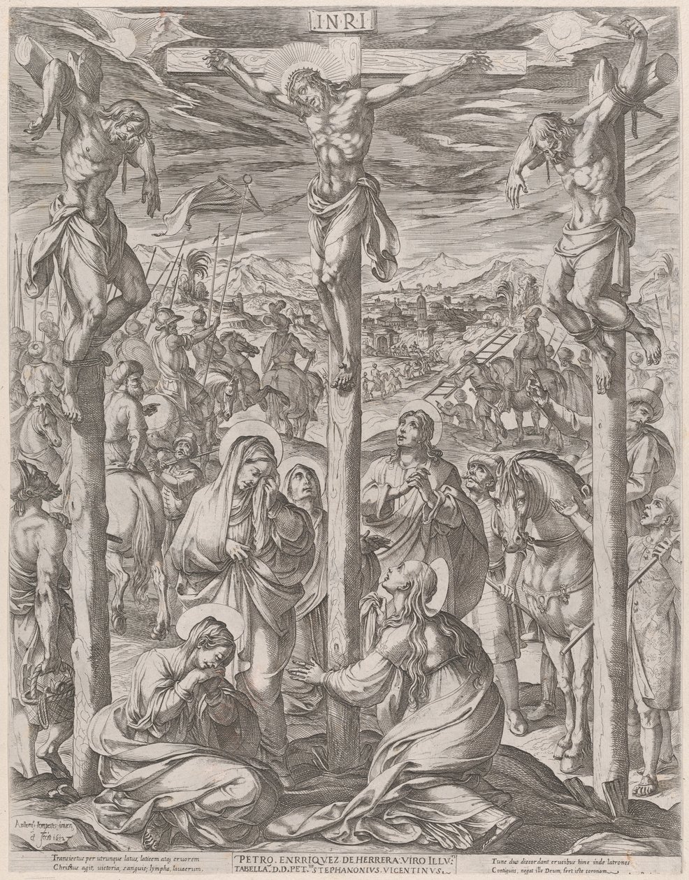 Cristo crucificado entre os dois ladrões, as três Marias ao pé da cruz de Antonio Tempesta
