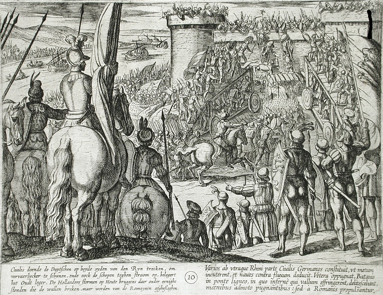 Civilis usa pontes móveis de madeira para atacar uma fortaleza de Antonio Tempesta
