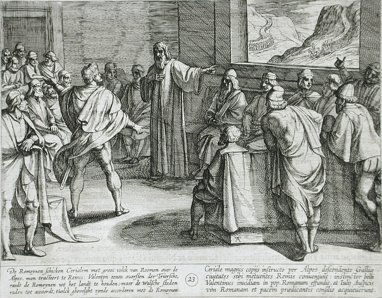 Conferência sobre as medidas a tomar perante a aproximação das novas tropas dos Romanos através dos Alpes de Antonio Tempesta