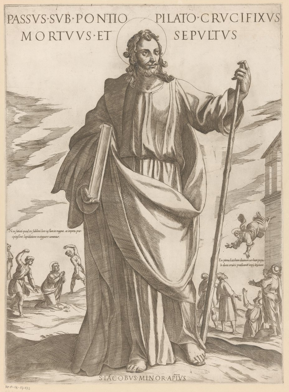 De heilige Jakobus de Mindere Sofrendo sob Pôncio Pilatos, crucificado, morto e sepultado (título do objeto) Cristo, Maria en de apóstolo (título da série) de Antonio Tempesta