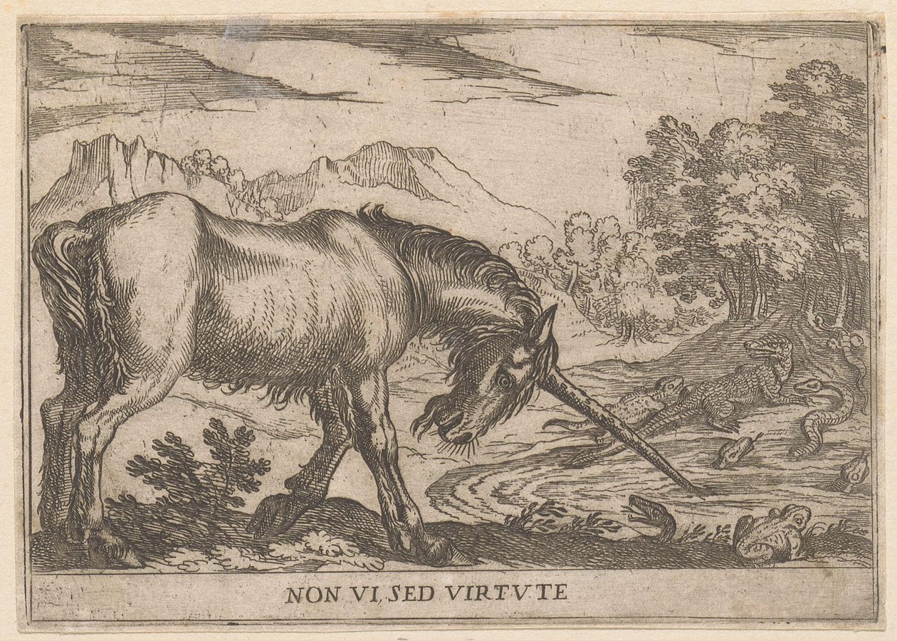 Um unicórnio afasta os lagartos de um lago
Non vi sed virtute (título sobre o objecto)
Animais de combate (título da série) de Antonio Tempesta