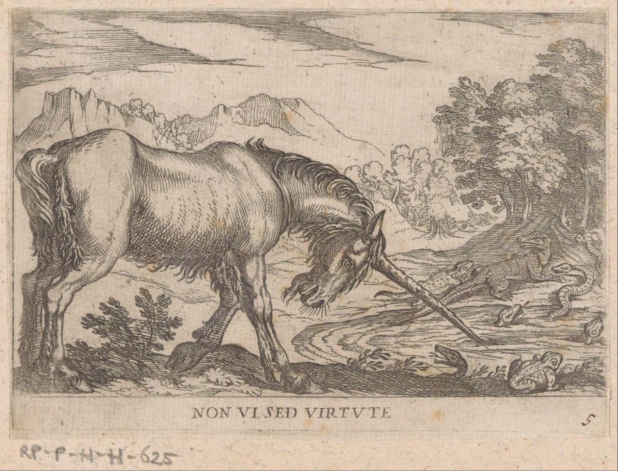 Um unicórnio persegue lagartos de uma lagoa Virtude não vista (título no objeto) Animais de luta (título da série) de Antonio Tempesta