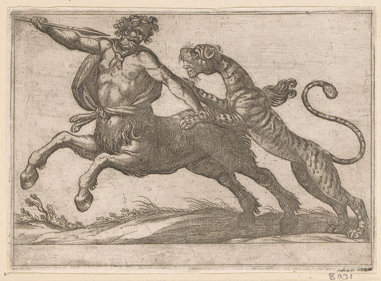 Um tigre lutando contra um centauro Animais de luta (título da série) de Antonio Tempesta