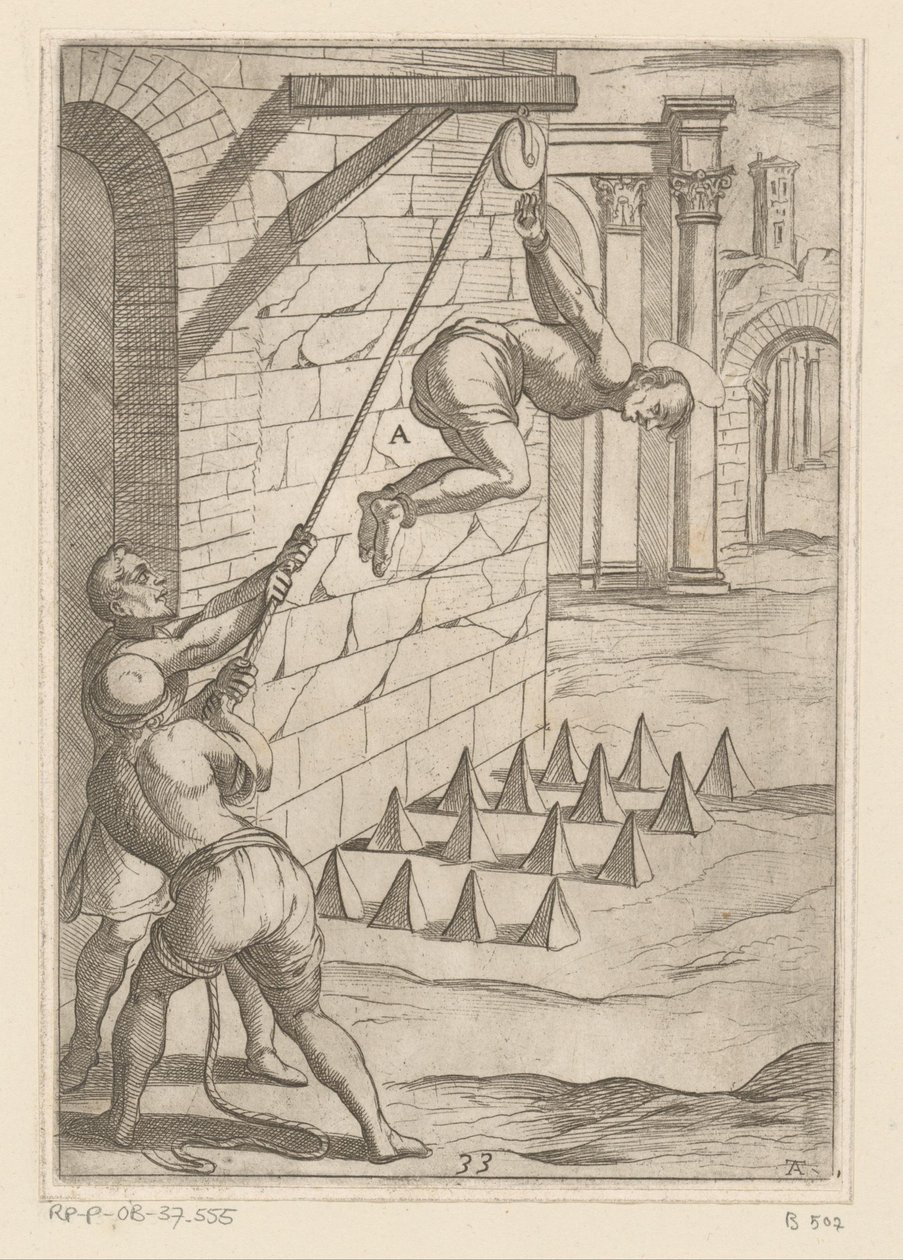 Tortura: queda em pontas afiadas
Tortura sofrida pelos mártires cristãos (título da série)
Varia tormentorum et supplicioru crudelium (...) (título da série) de Antonio Tempesta