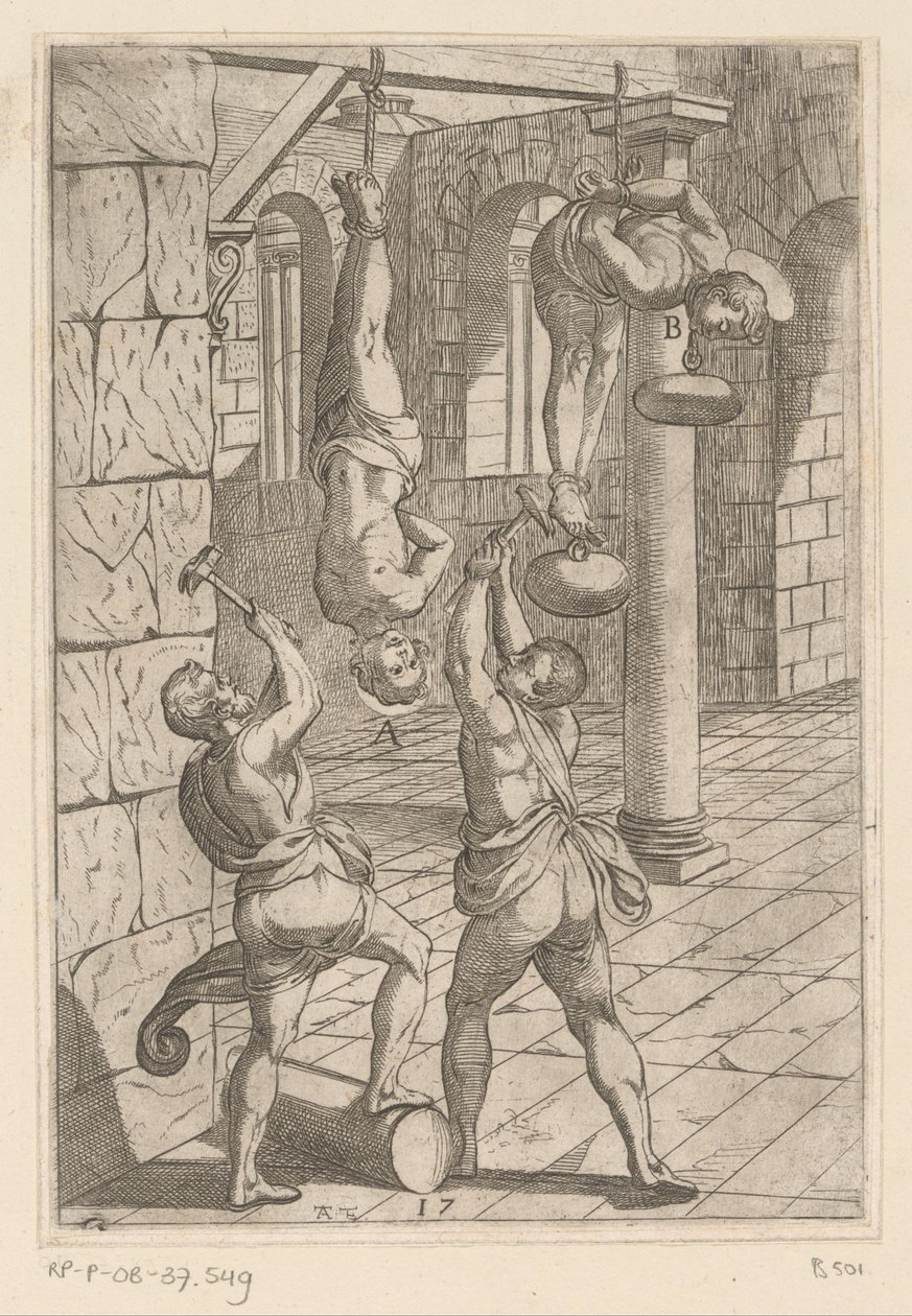 Tortura com martelos enquanto pendurado
Tortura sofrida pelos mártires cristãos (título da série)
Varia tormentorum et supplicioru crudelium (...) (título da série) de Antonio Tempesta