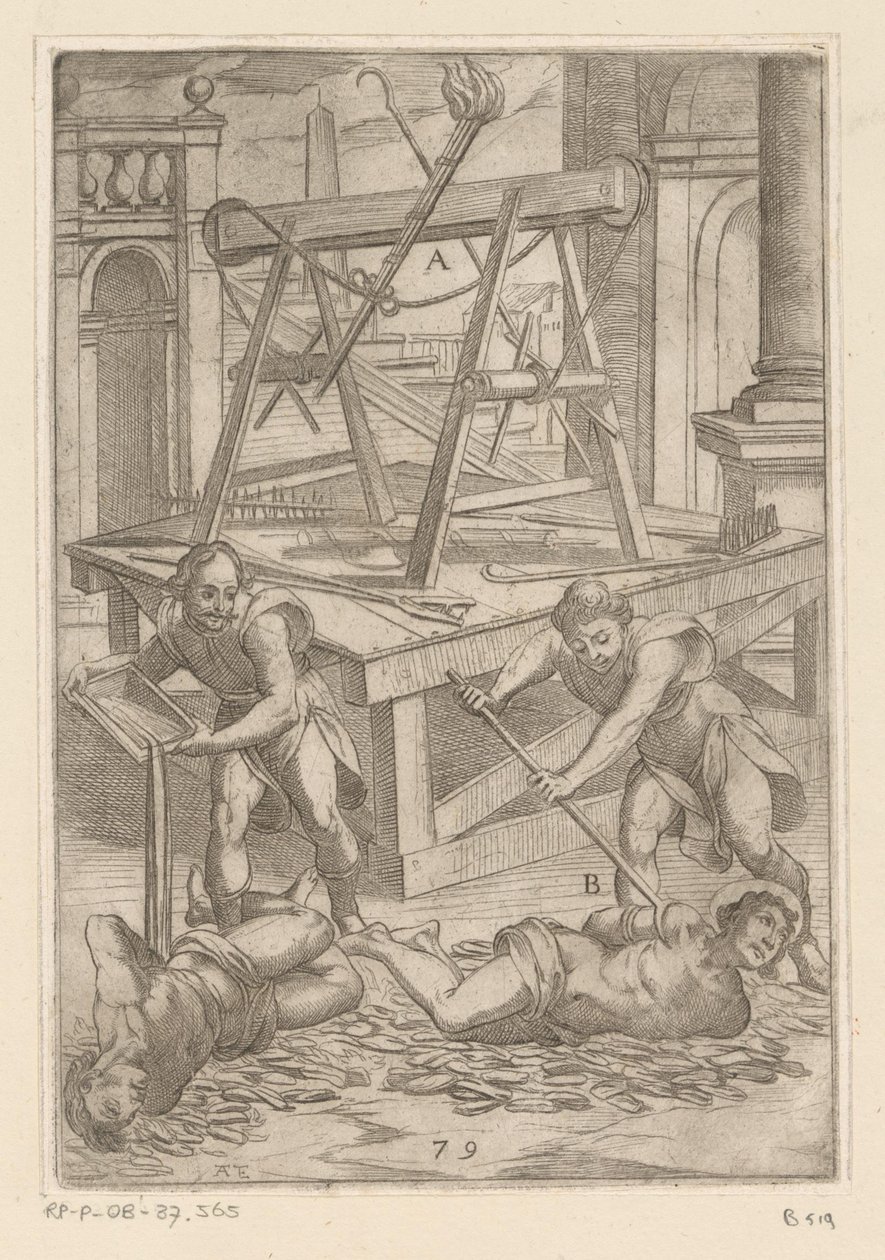 Tortura com óleo fervente Torturas sofridas por mártires cristãos (título da série) Varia tormentorum et supplicioru rawlium (...) (título da série) de Antonio Tempesta