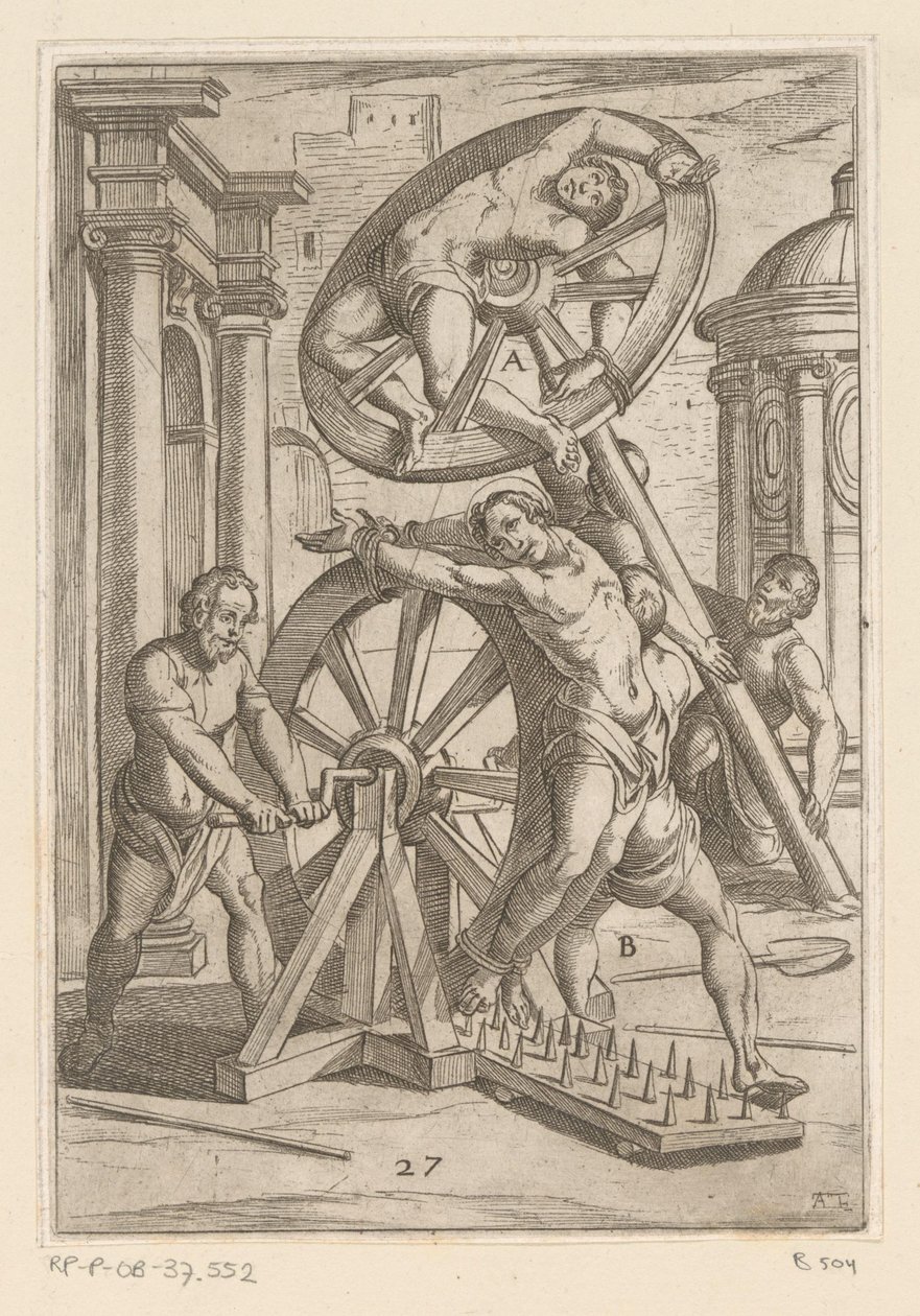 Tortura com pontas afiadas e rodas Torturas sofridas por mártires cristãos (título da série) Varia tormentorum et supplicioru rawlium (...) (título da série) de Antonio Tempesta