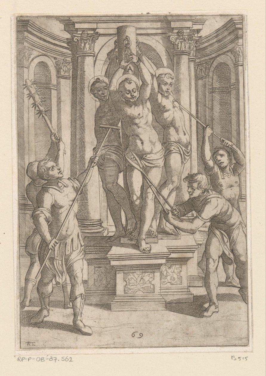 Tortura com paus afiados
Tortura sofrida pelos mártires cristãos (título da série)
Varia tormentorum et supplicioru crudelium (...) (título da série) de Antonio Tempesta