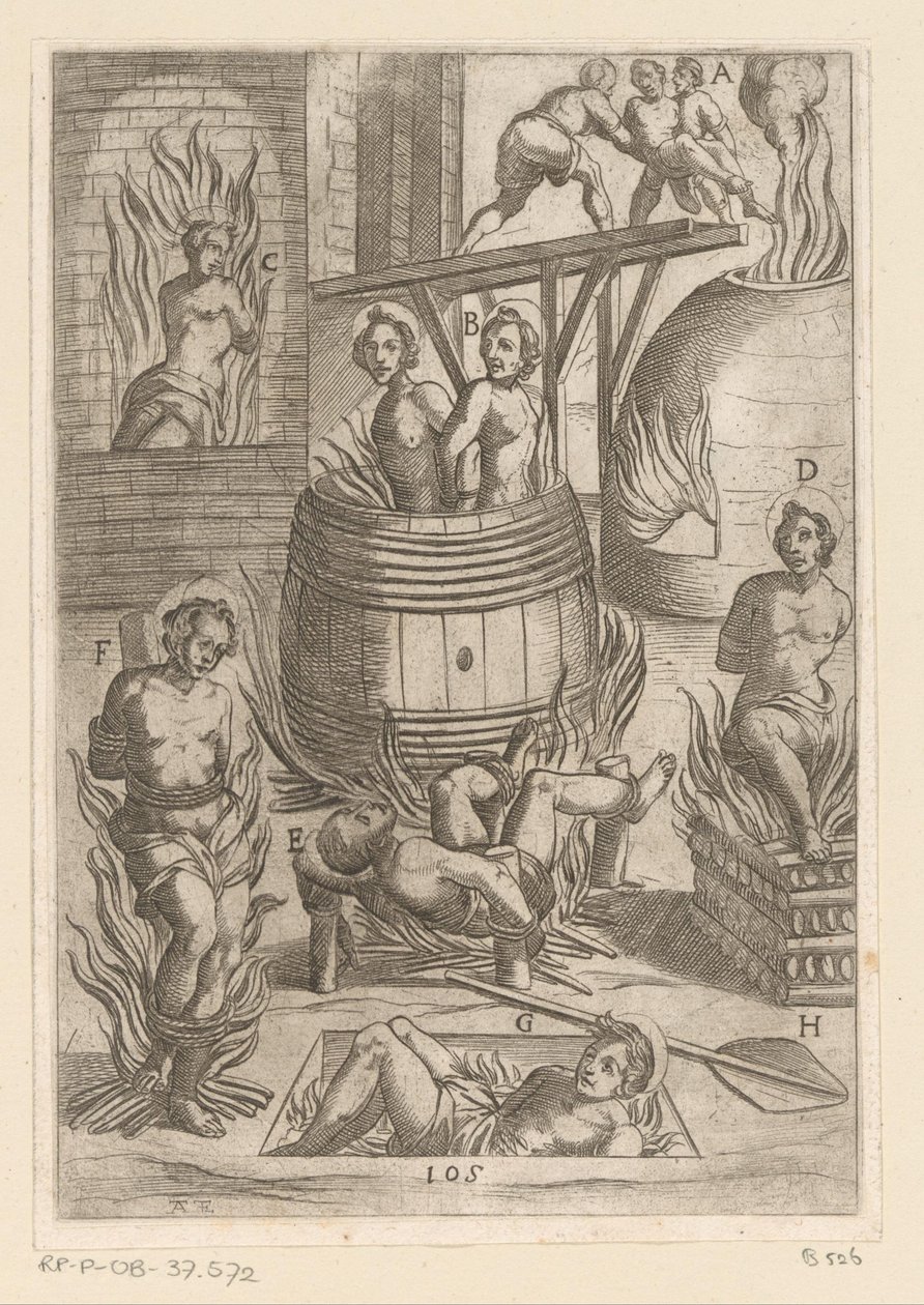 Tortura com diferentes modos de queimadura
Tortura sofrida pelos mártires cristãos (título da série)
Varia tormentorum et supplicioru crudelium (...) (título da série) de Antonio Tempesta