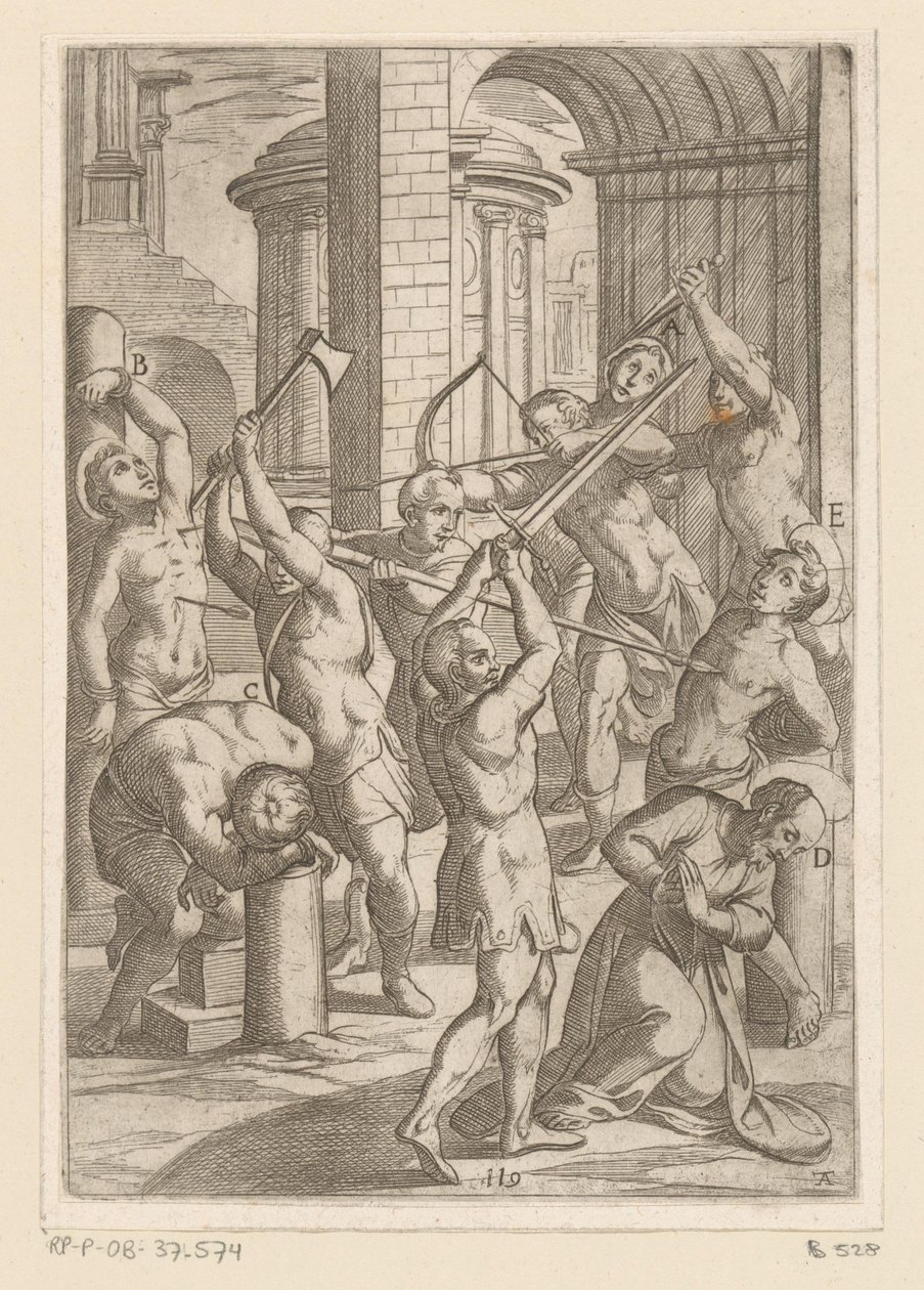 Tortura com espada, lança e arco e flecha Torturas sofridas por mártires cristãos (título da série) Varia tormentorum et supplicioru rawlium (...) (título da série) de Antonio Tempesta