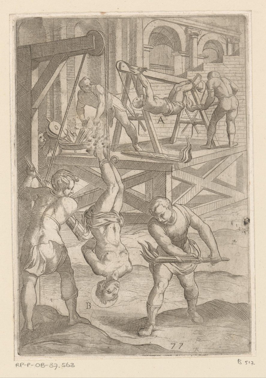 Tortura: enforcamento e queima Torturas sofridas por mártires cristãos (título da série) Varia tormentorum et supplicioru rawlium (...) (título da série) de Antonio Tempesta