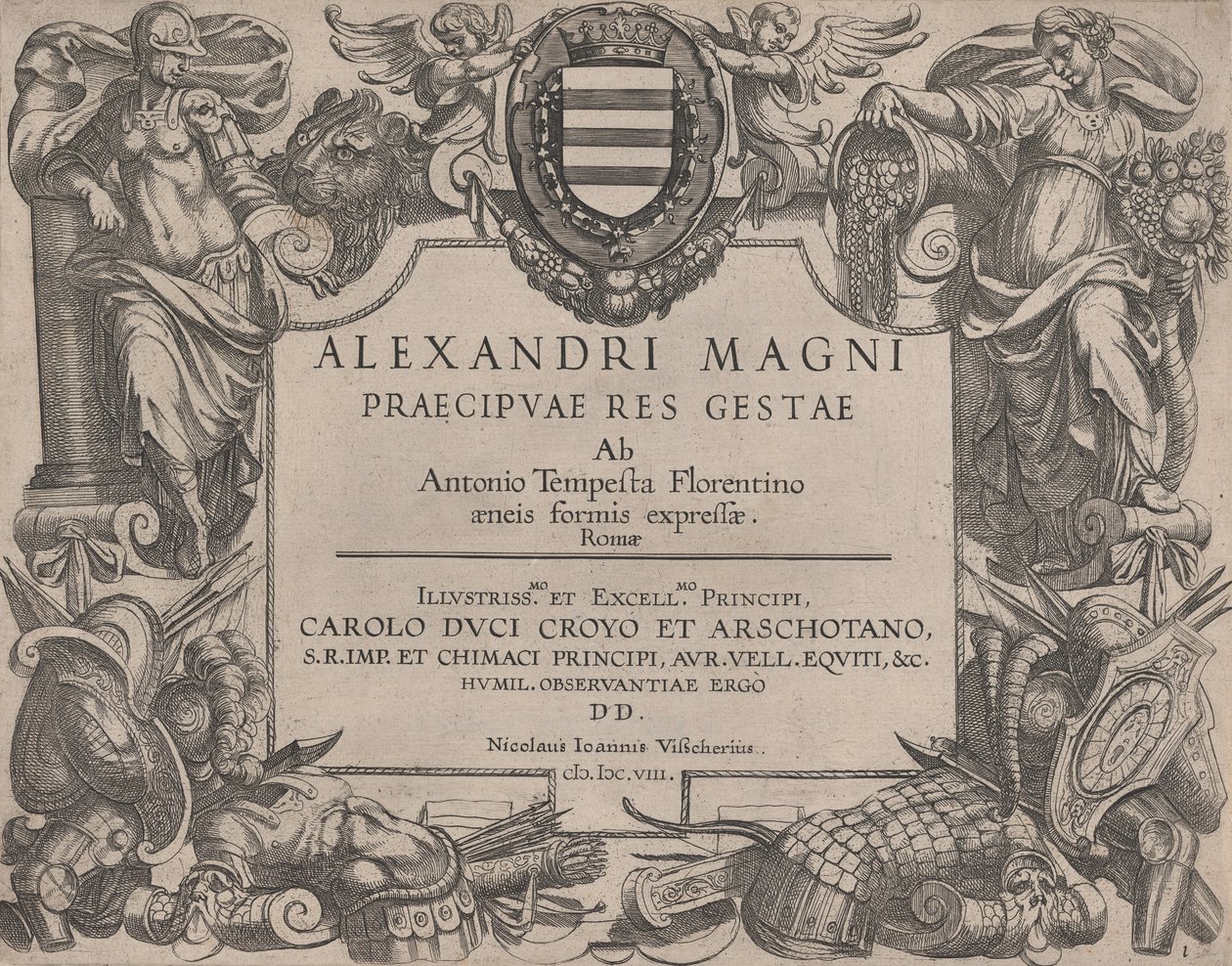 Frontispício da vida de Alexandre, o Grande, à esquerda está Bellona e à direita uma mulher ..., 1608. de Antonio Tempesta