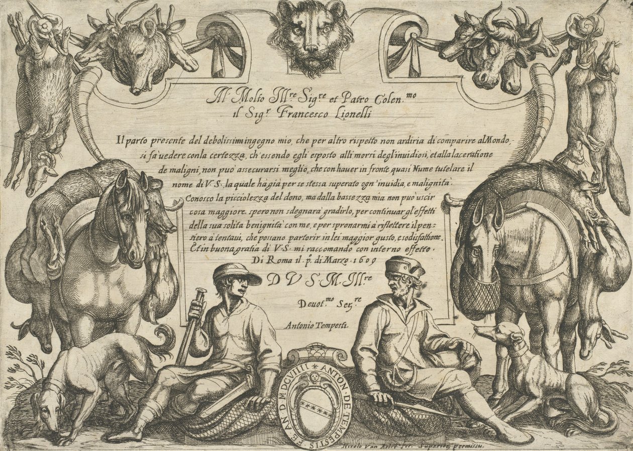 Frontispício com caçadores, cães e cavalos, de 