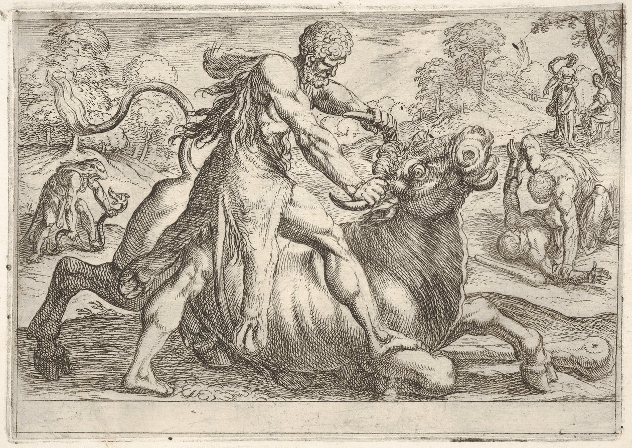 Hércules e Achelous: no centro, Hércules agarra os chifres de um touro enquanto pressiona seu ri ..., 1608. de Antonio Tempesta