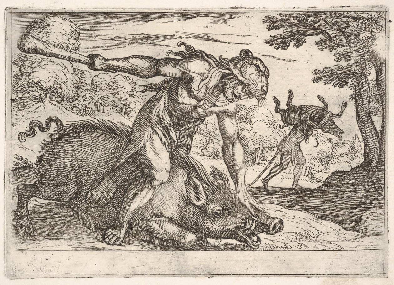 Hércules e o Javali de Erymanthus: Hércules segura o focinho dos javalis com a mão esquerda, ... 1608. de Antonio Tempesta