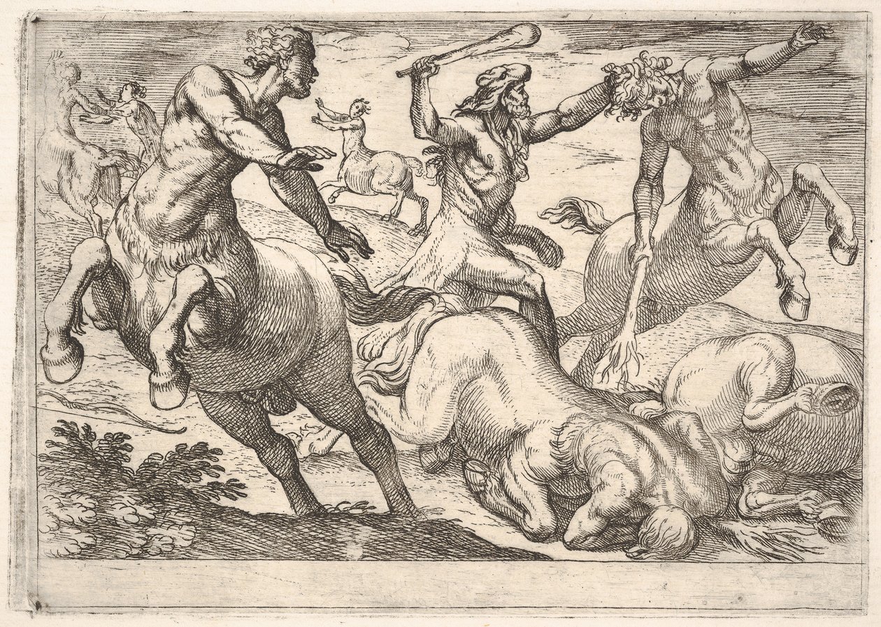 Hércules e os centauros: Hércules segura a cabeça de um centauro com a mão esquerda e rai ..., 1608. de Antonio Tempesta