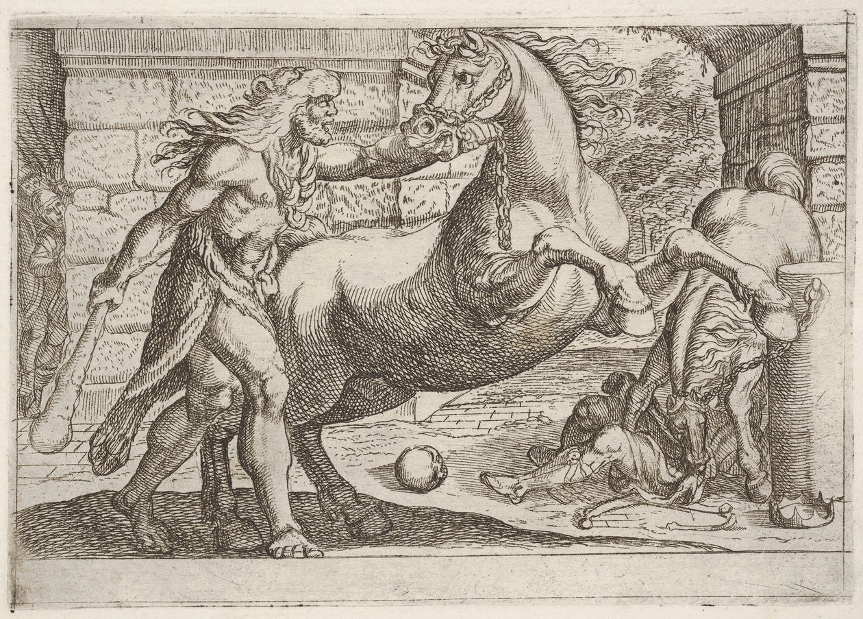 Hércules e as éguas de Diomedes: Hércules agarra o freio de um cavalo de criação, um segundo ..., 1608. de Antonio Tempesta