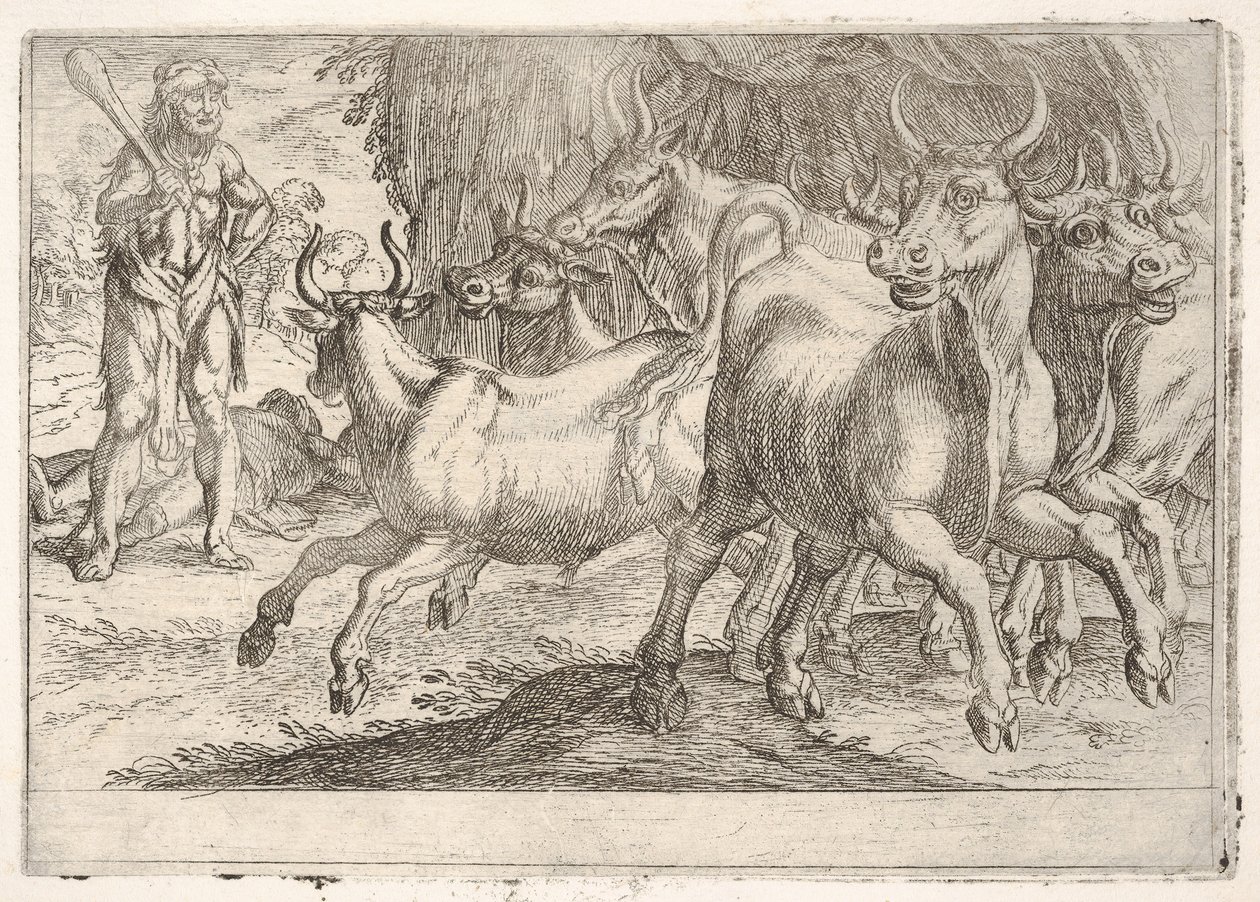 Hércules e os bois de Geryones: com um taco erguido pela mão direita, Hércules confronta ..., 1608. de Antonio Tempesta