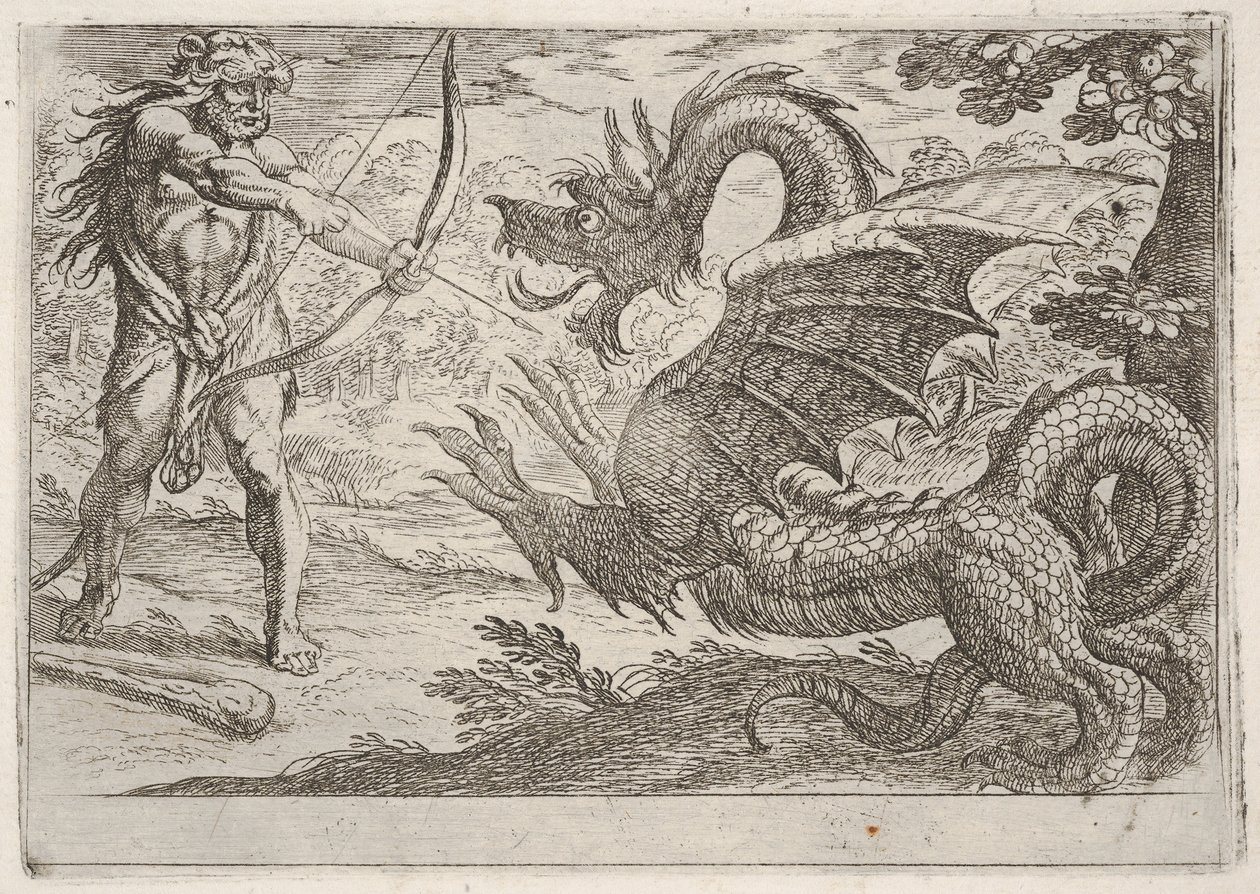 Hércules e a Serpente Ladon: Hércules puxa seu arco, a serpente empinada aparece em pro..., 1608. de Antonio Tempesta