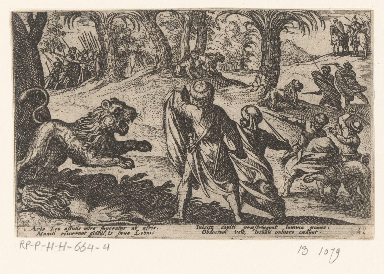Leões caçadores
Várias cenas de caça e batalha (título da série)
Venationes Ferarum, Avium, Piscium Pugnae bestiariorum: et mutuae bestiarum (título da série) de Antonio Tempesta