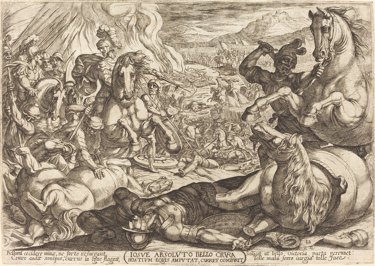 Josué queima as carruagens e corta as pernas de seus inimigos de Antonio Tempesta