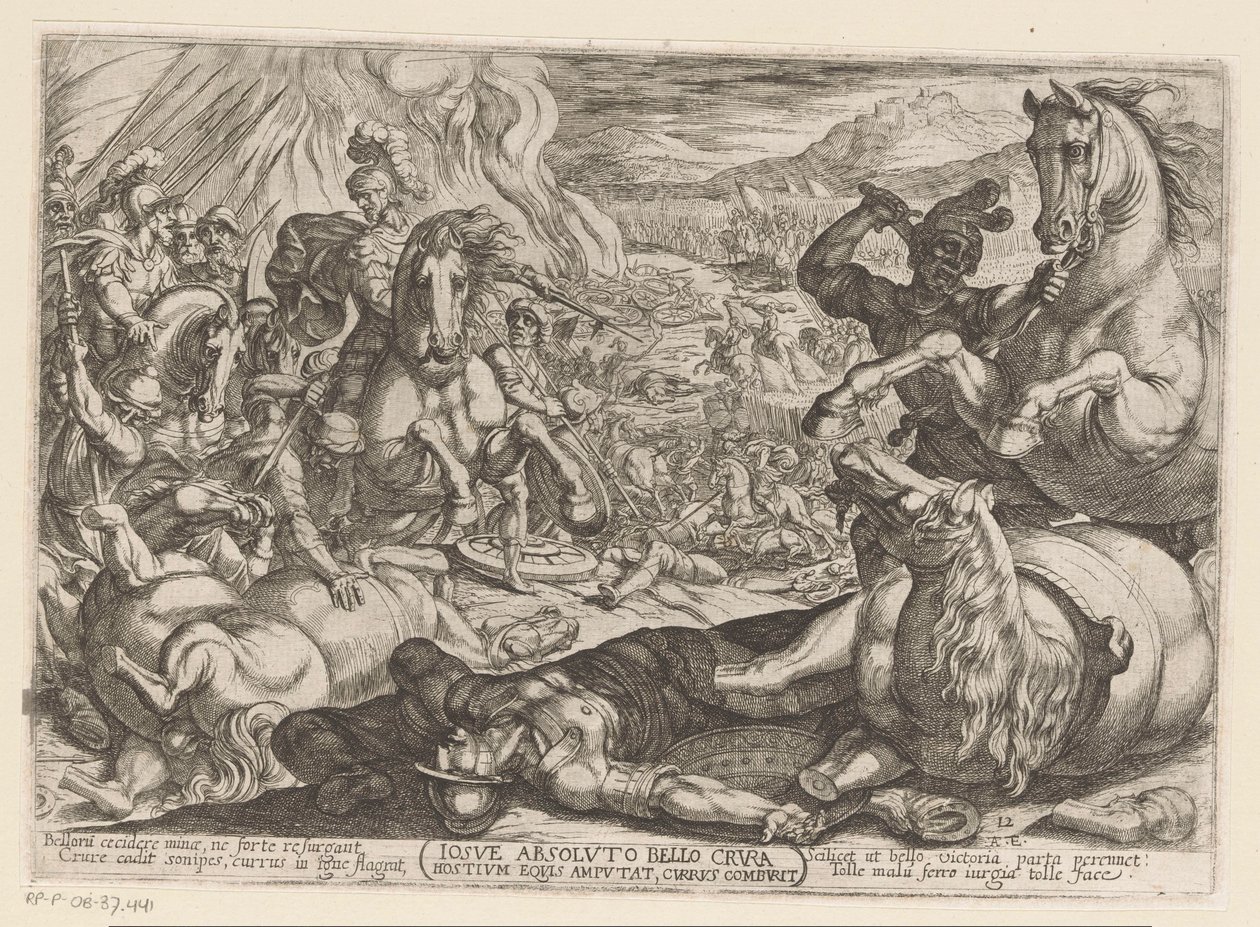 Josué paralisa os cavalos e queima os carros das nações Iosue absoluto bello crura hostium equis amputat, currus comburit (título no objeto) Cenas de batalha do Antigo Testamento (título da série) de Antonio Tempesta