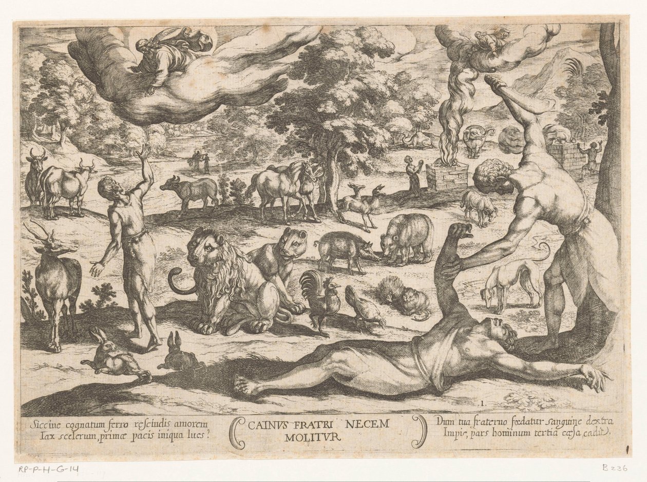 Caim mata Abel
Cainus fratri necem molitur (título sobre o objecto)
Cenas de batalha do Antigo Testamento (título da série) de Antonio Tempesta