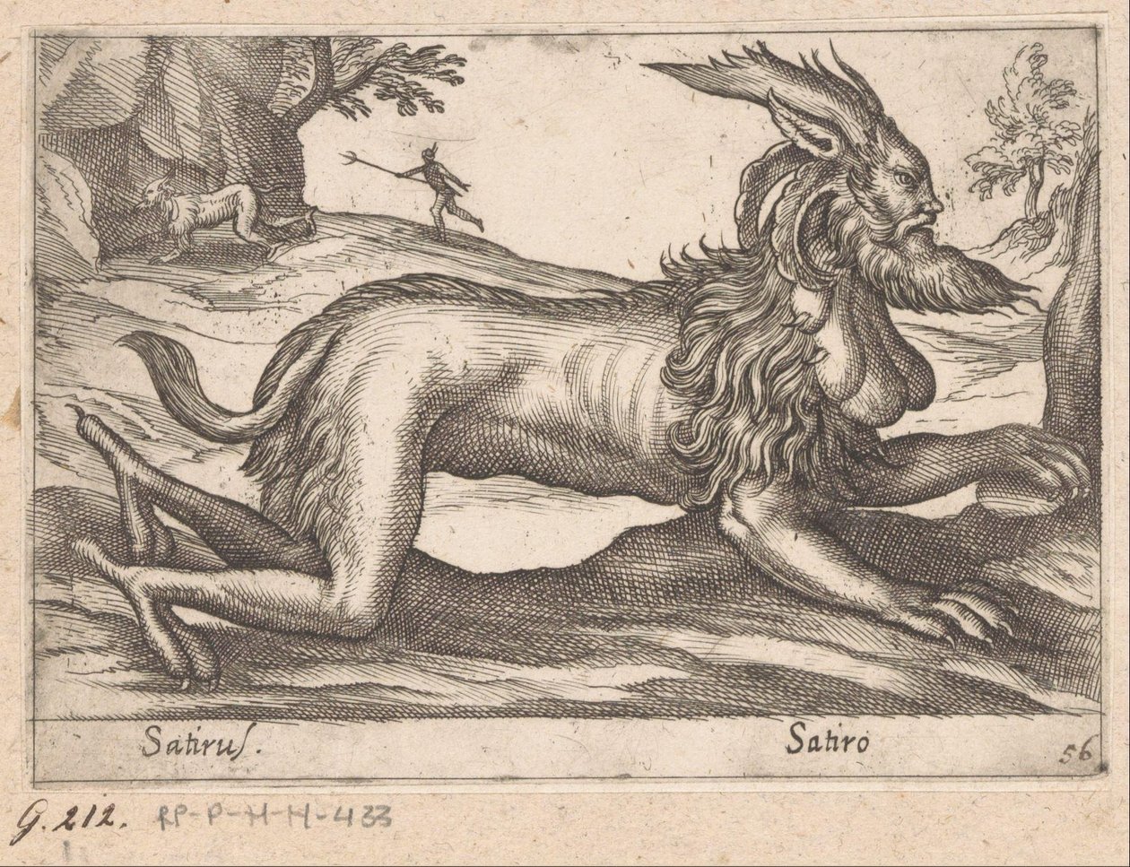 criatura monstruosa Sátiro/ Sátiro (título no objeto) Animais e criaturas míticas (título da série) Nova raccolta de li animali piu curiosi del mondo (título da série) de Antonio Tempesta