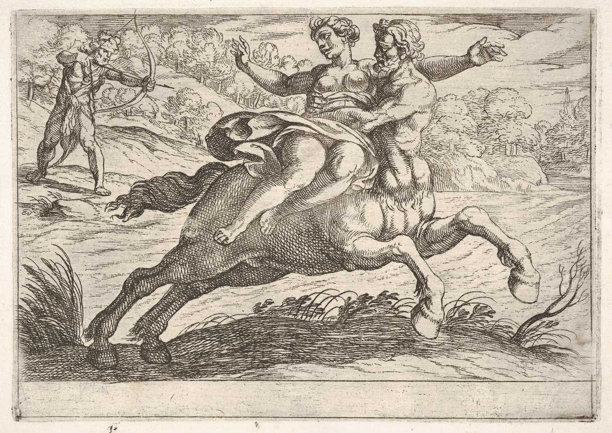 Nessus tentando tirar Dejanira de Hércules: Nessus impede Dejanira de costas wh ..., 1608. de Antonio Tempesta