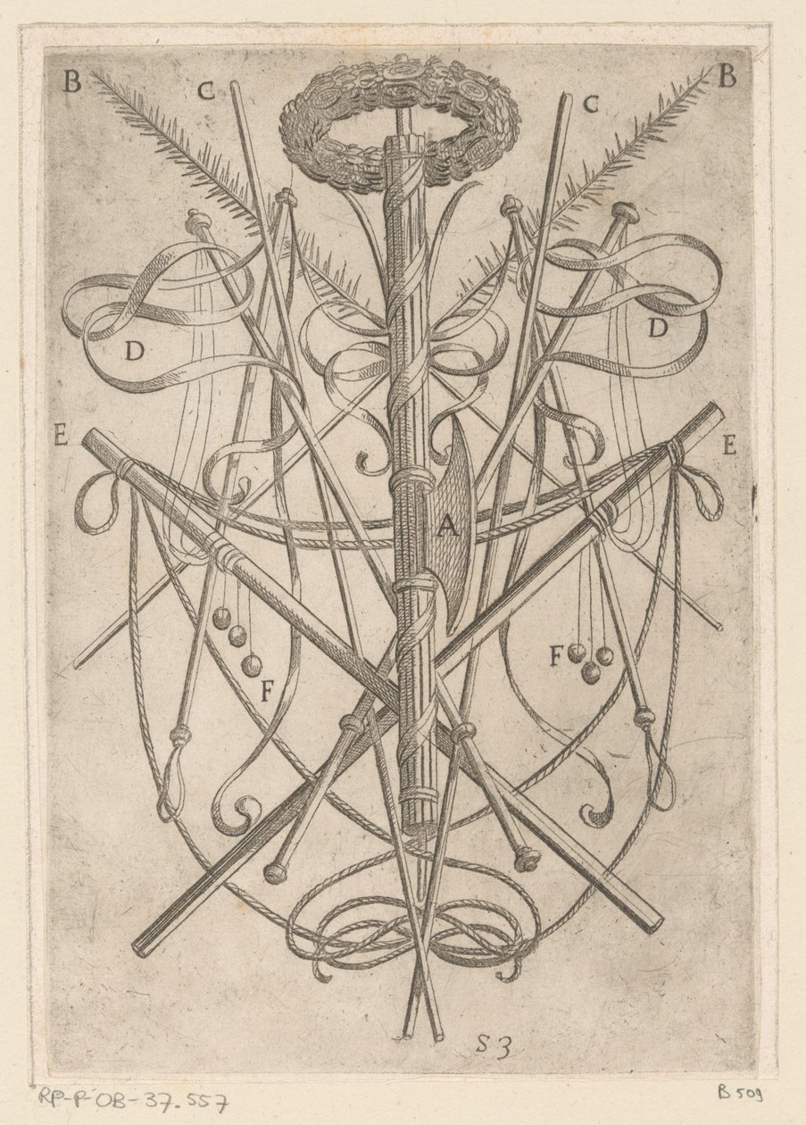 Ornamento com instrumentos de tortura
Tortura sofrida pelos mártires cristãos (título da série)
Varia tormentorum et supplicioru crudelium (...) (título da série) de Antonio Tempesta