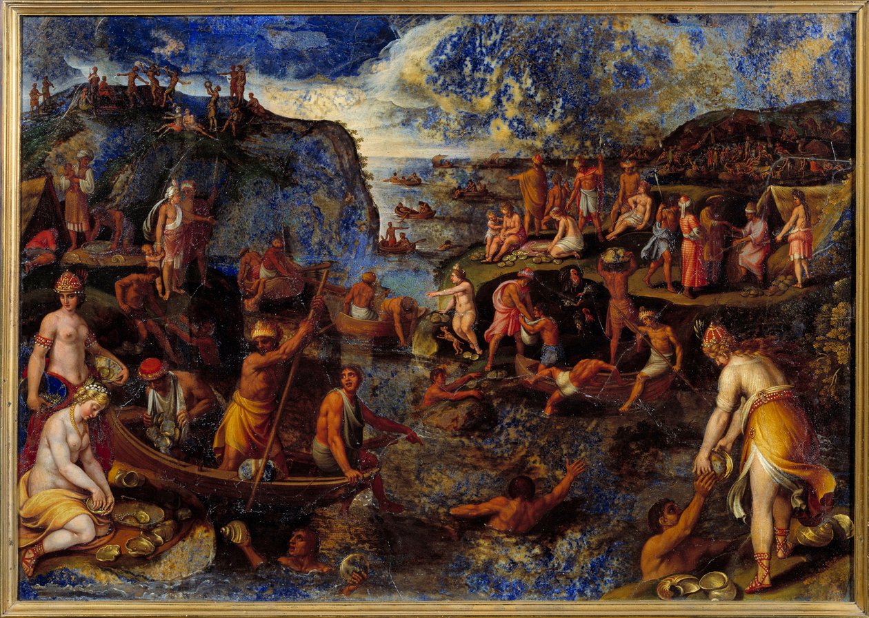 Pesca de pérolas pelos americanos Pintura com lápis-lazúli de Antonio Tempesta