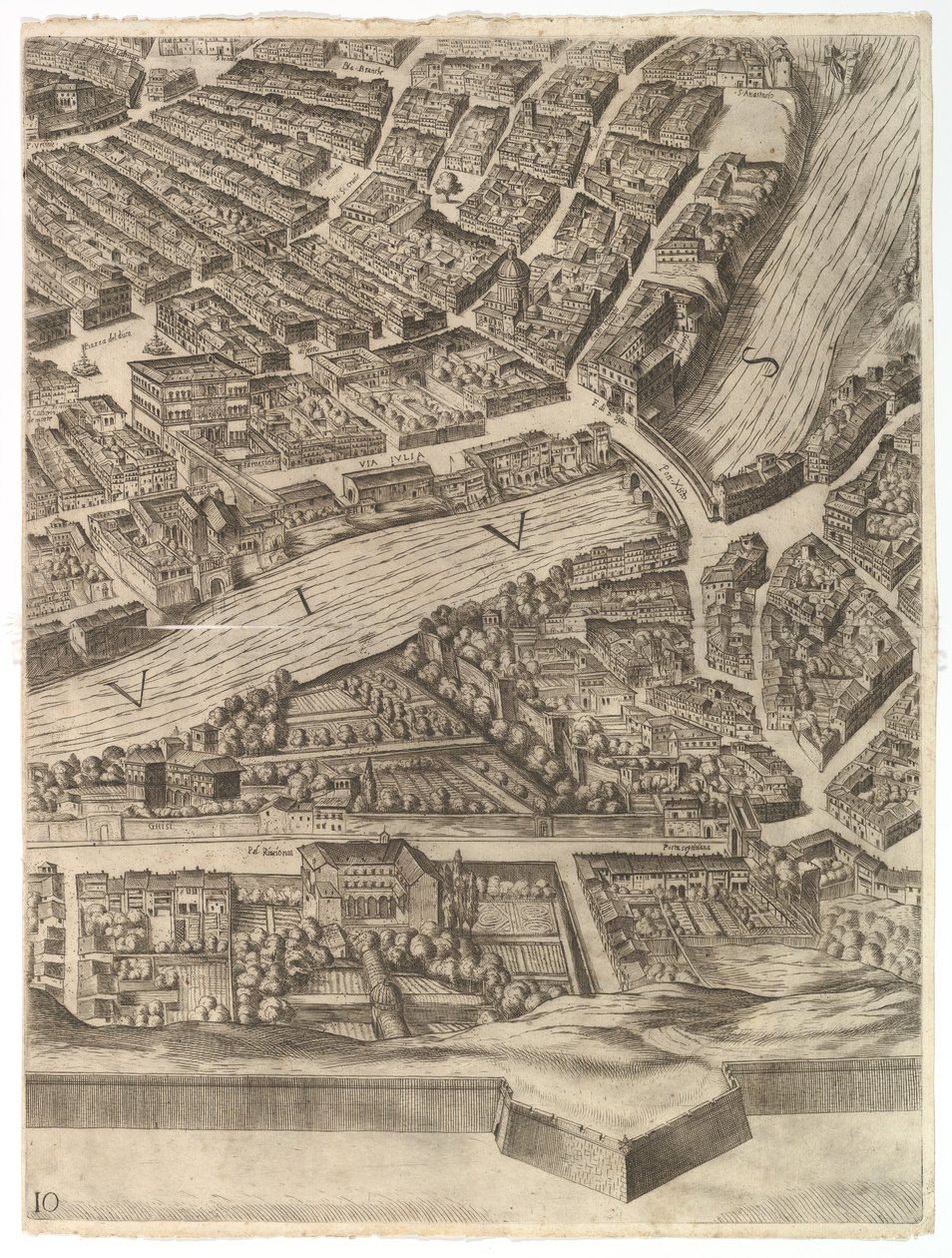 Plano da cidade de Roma. Parte 10 com o Tibre e a Villa Farnesina, 1645. de Antonio Tempesta