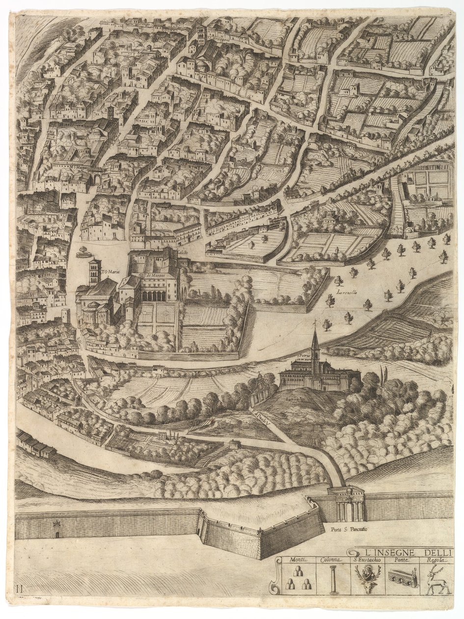 Plano da cidade de Roma. Parte 11, com a margem esquerda de San Pancrazio, 1645. de Antonio Tempesta