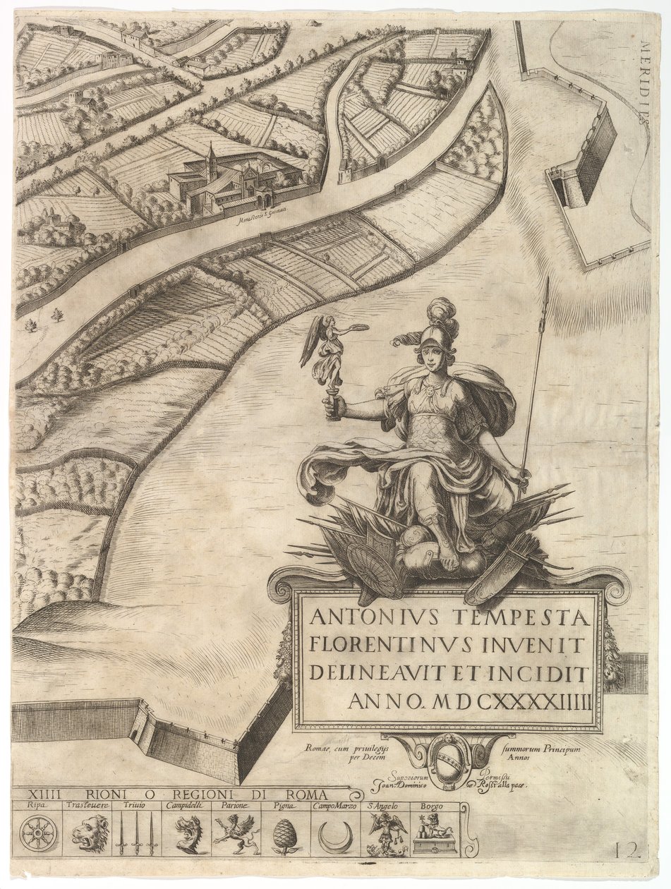 Plano da cidade de Roma. Parte 12, com a fronteira sudoeste da cidade e um carro grande ..., 1645. de Antonio Tempesta
